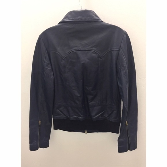 Geren Ford Navy Leather/Silk Bomber Jacket - Picture 3 of 5